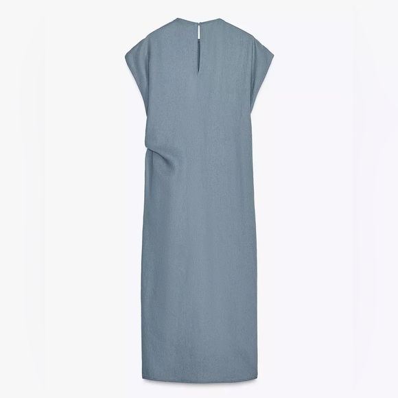 Zara Elegant Draped Duck Blue Linen Blend Dress- New with Tags - Picture 6 of 8